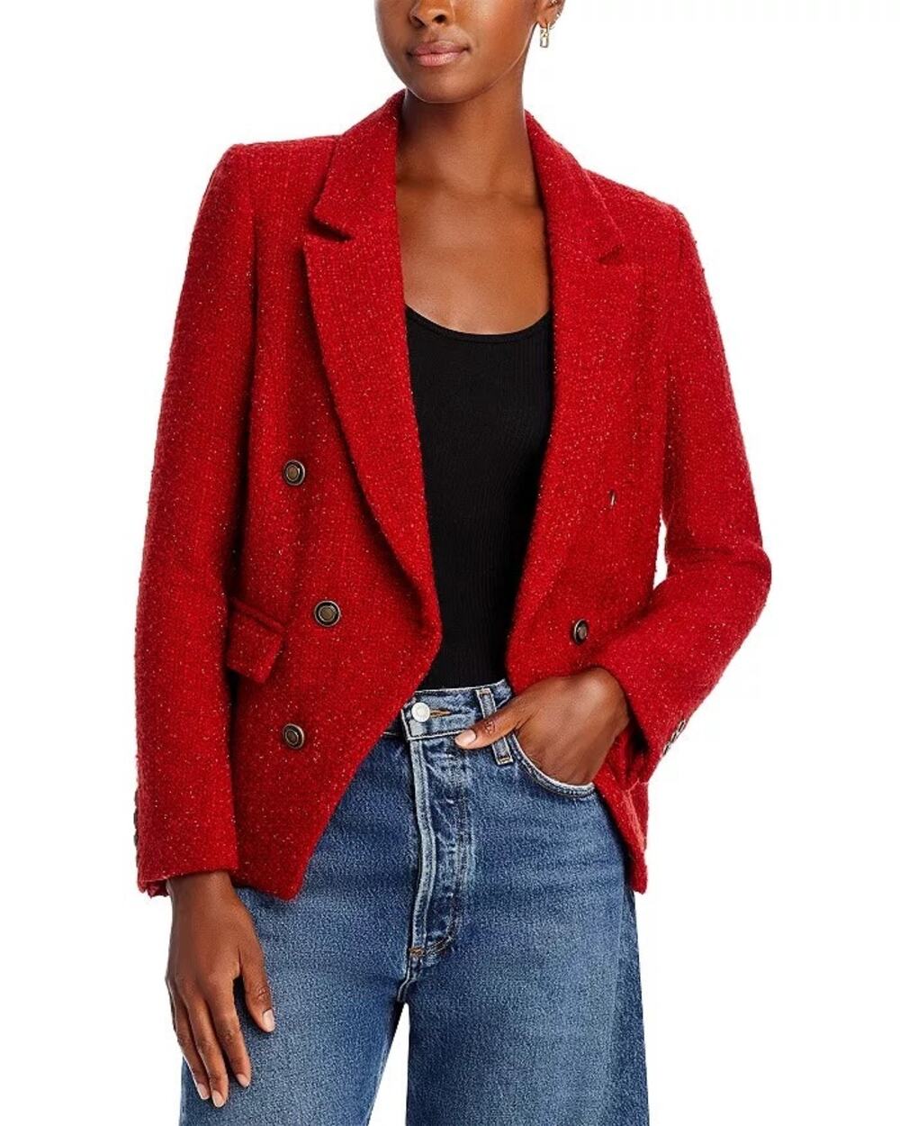 Aqua Red Tweed Double Breasted Blazer Large Wool Coat Metallic Preppy Chic